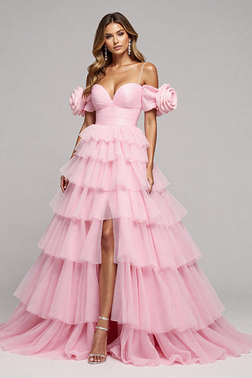 Cold Shoulder Pink A Line Prom Dress With Slit